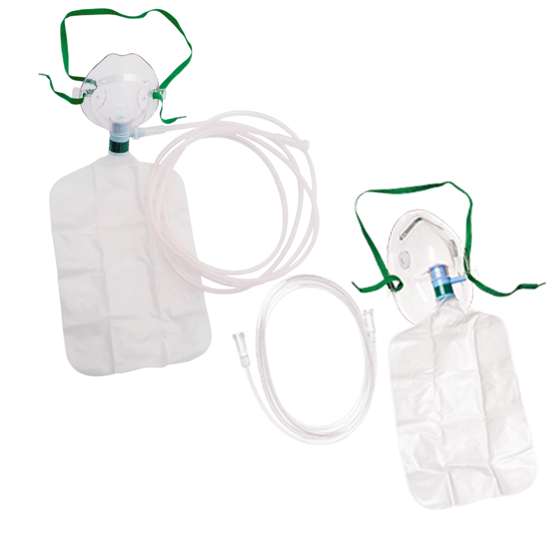 Sterile single-use oxygen mask with reservoir bag, 2.1m kink-resistant tubing, designed for high-concentration oxygen therapy in clinical care settings.