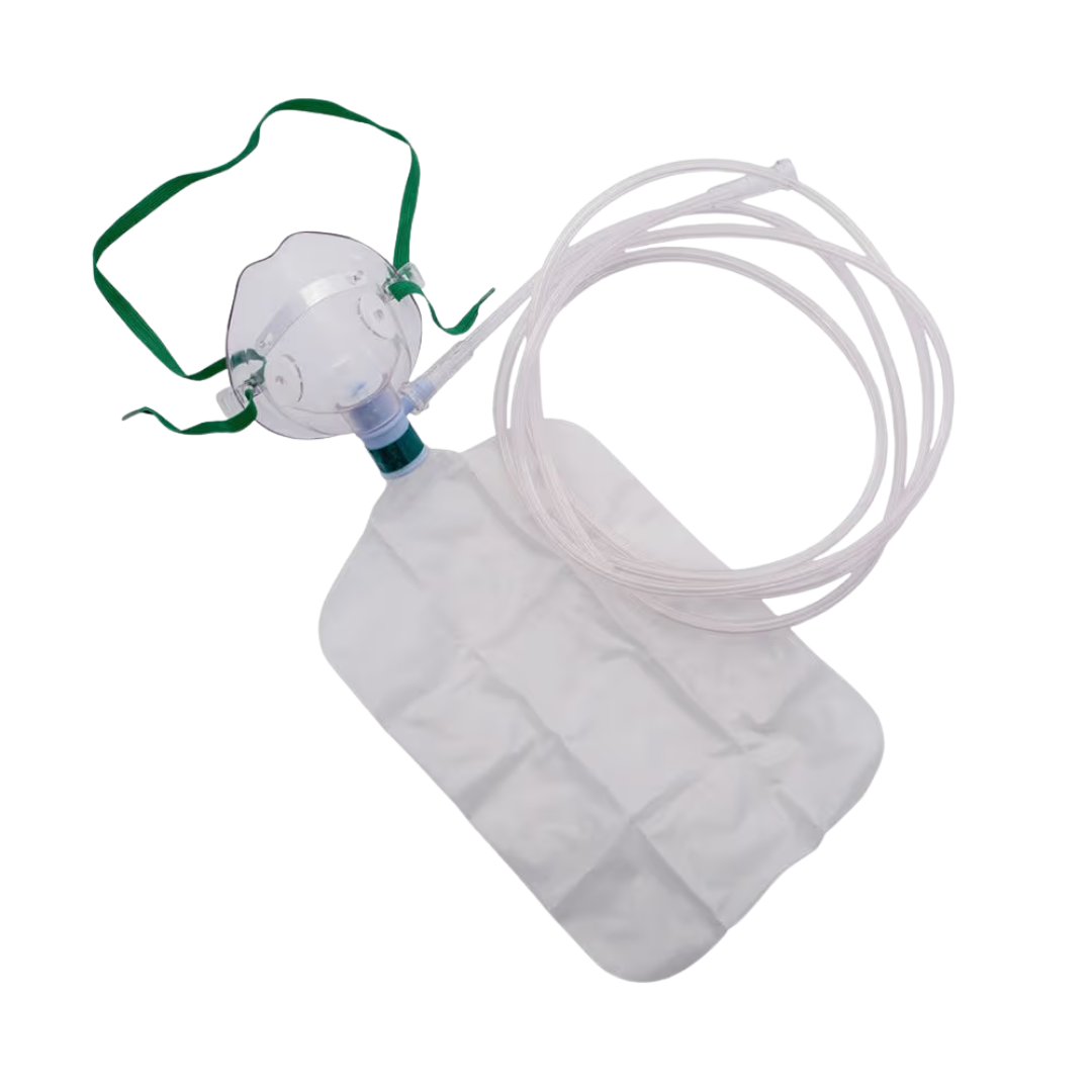 Sterile single-use oxygen mask with reservoir bag, 2.1m kink-resistant tubing, designed for high-concentration oxygen therapy in clinical care settings.