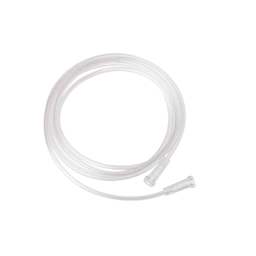 Disposable single-use oxygen tubing, clear medical-grade PVC, soft kink-resistant design, available in multiple lengths for safe respiratory care.