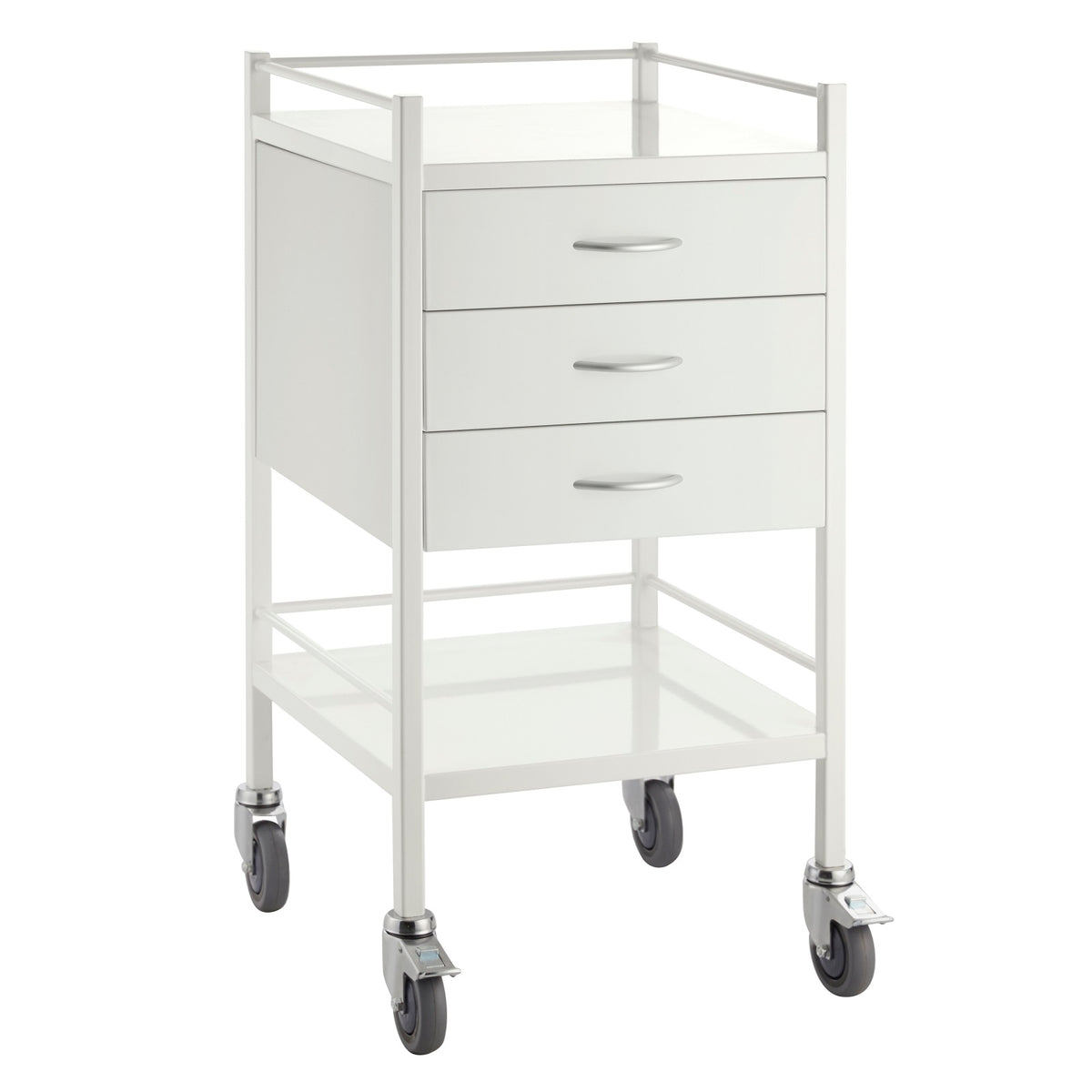 Powder Coated Trolley Three Drawer in white, angled view with bottom shelf and rails