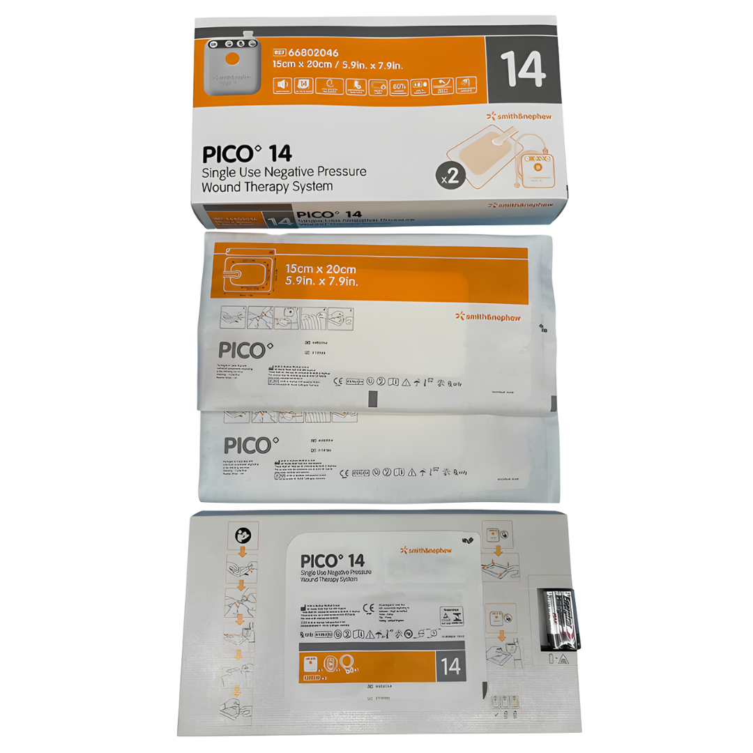 PICO 14 Wound Dressing in multiple sizes provides flexible, long‑wear NPWT support for surgical, traumatic, and chronic wounds in clinical and home care settings.