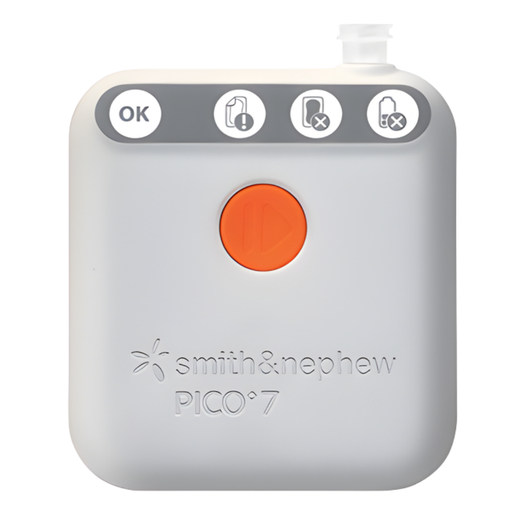 PICO 7 single dressings in multiple sizes shown as adhesive NPWT dressings designed for use with the PICO 7 system to support effective wound healing.