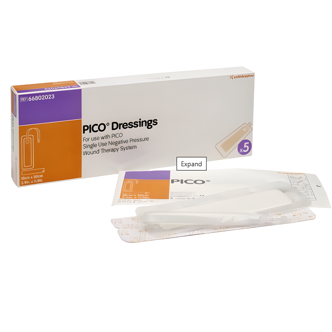 PICO Wound Dressing 5‑pack in multiple sizes designed for gentle negative pressure therapy, offering secure sealing and comfort for various wound care needs.