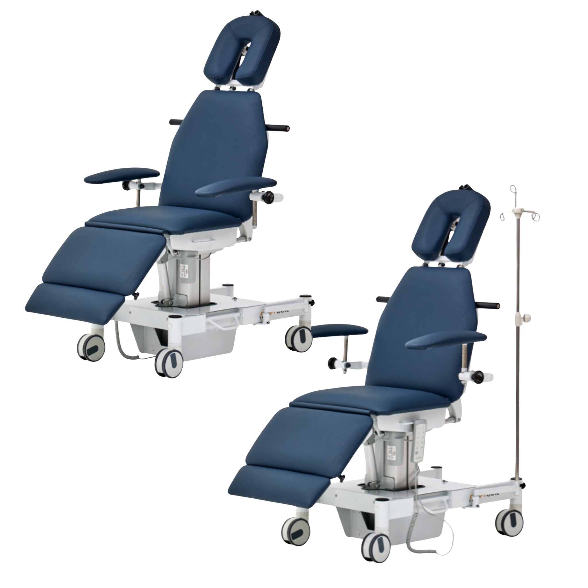 Two identical blue medical chairs on wheeled bases, one with an IV pole.