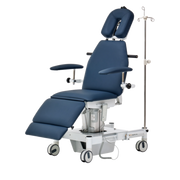 Blue adjustable medical exam chair with armrests, leg support, wheels, and IV stand.
