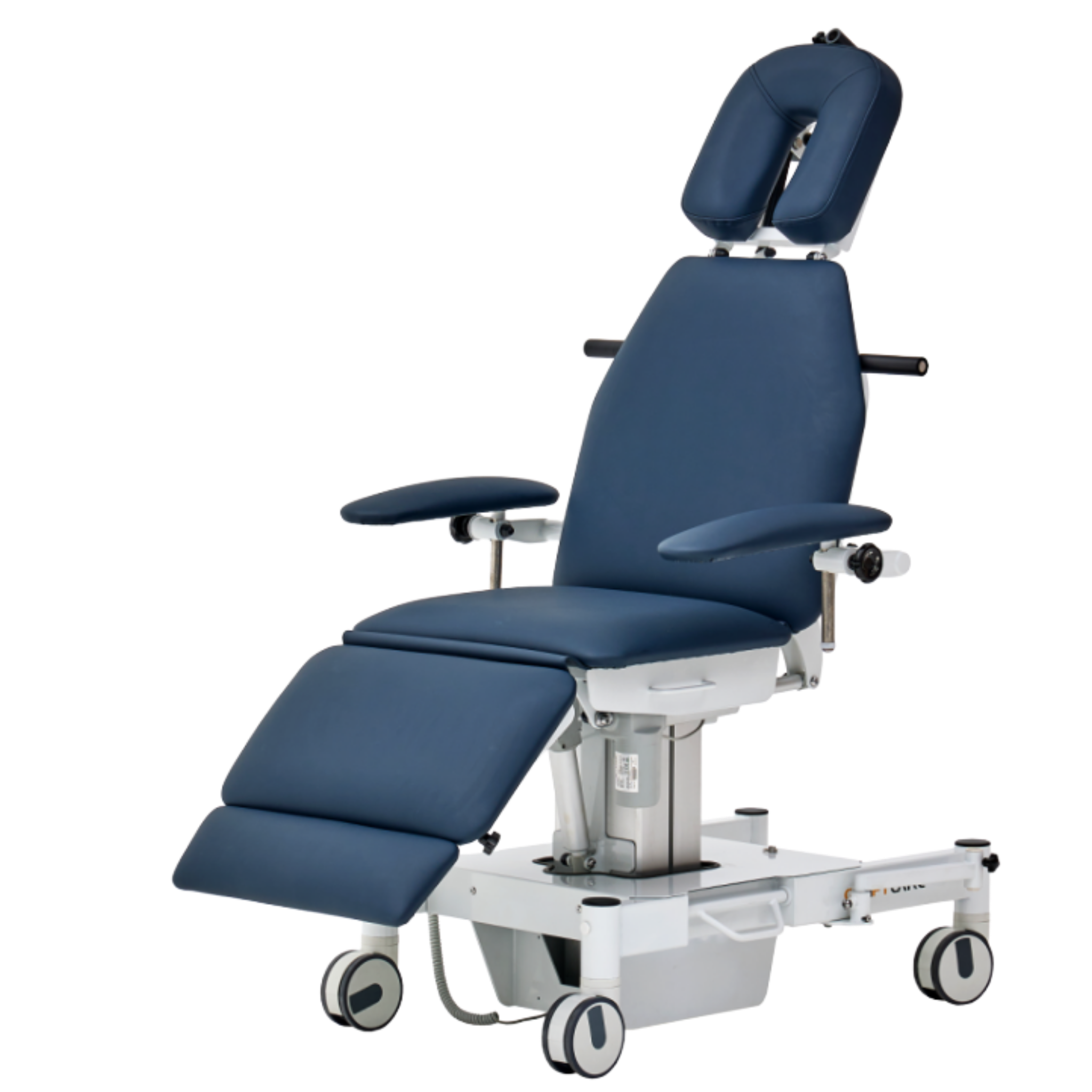 A medical procedural chair with dark blue upholstery, featuring an adjustable headrest with a face cutout, armrests, and a tiered leg rest, all mounted on a white wheeled base.