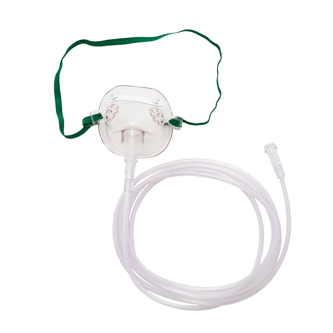 Paediatric clear oxygen mask with tubing, adjustable straps, and nose clip designed for safe, comfortable oxygen therapy for children.