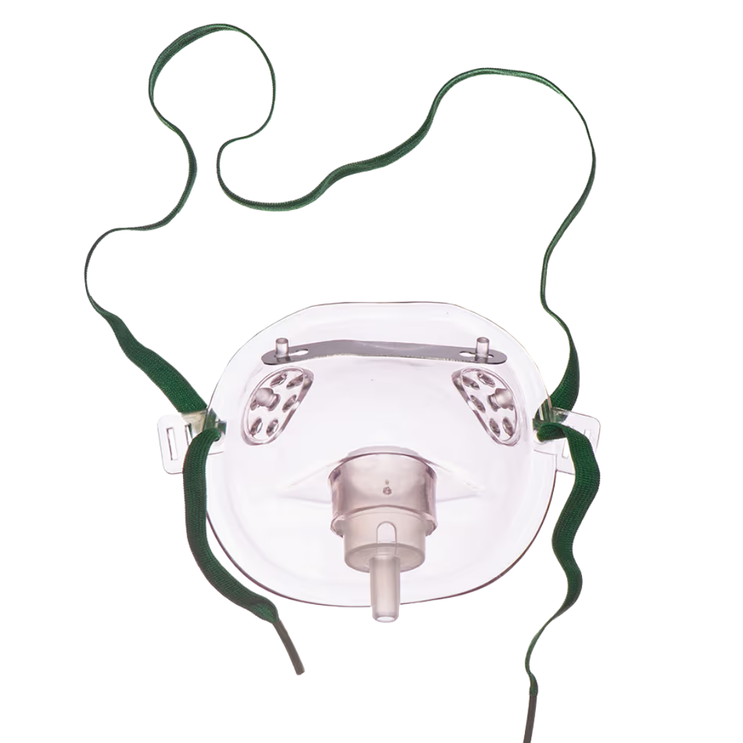 Paediatric clear oxygen mask with tubing, adjustable straps, and nose clip designed for safe, comfortable oxygen therapy for children.