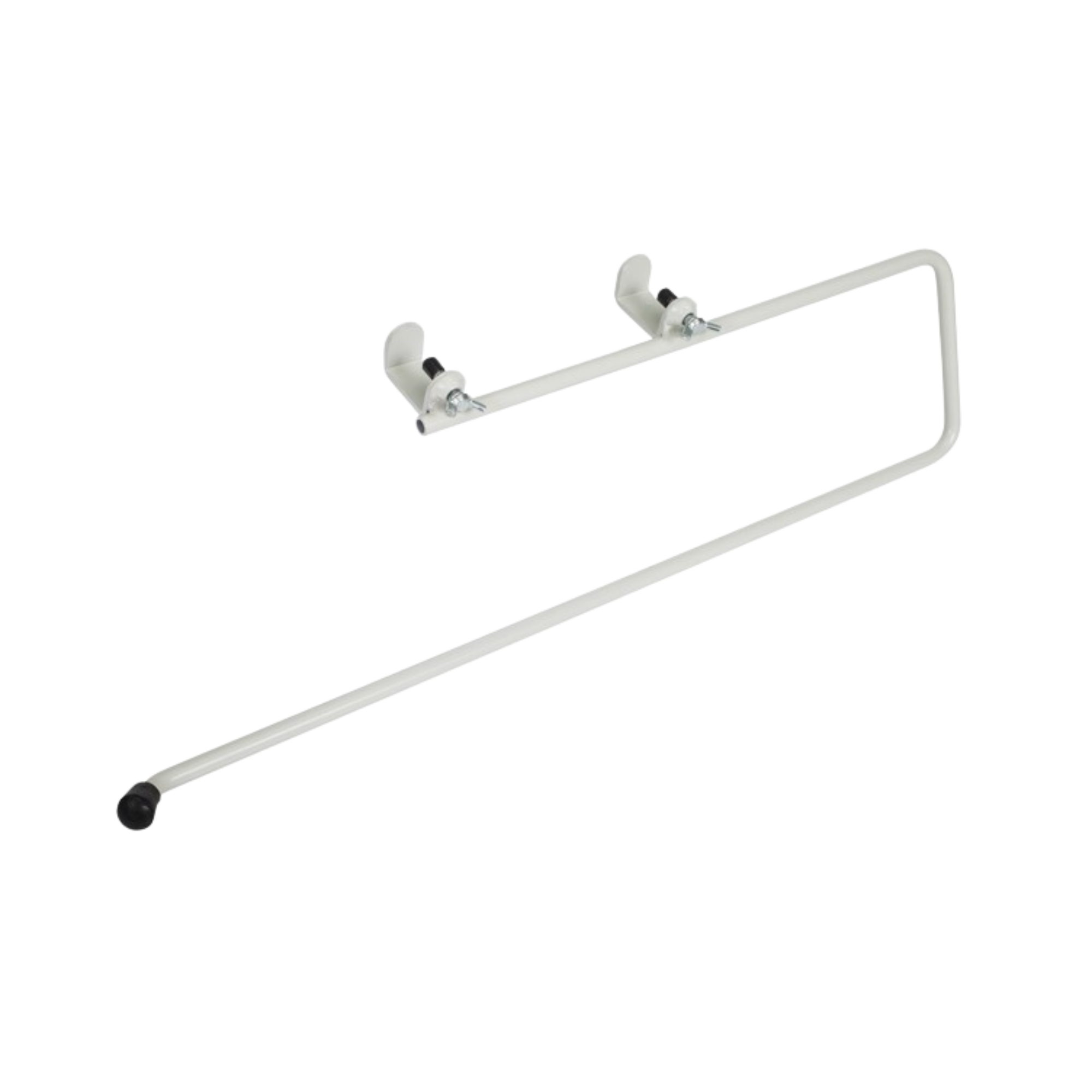 Paper towel holder attachment for medical examination couches; white powder-coated metal frame with adjustable clamps for electric and fixed-height tables.