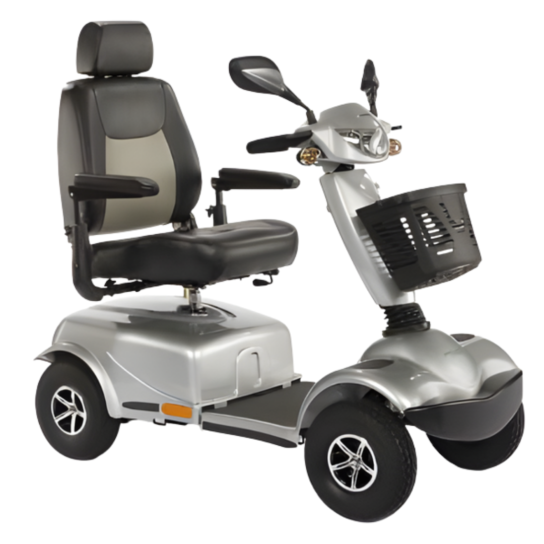 Peak Care Pioneer 10 mobility scooter in silver, designed for stable outdoor travel with comfortable seating, smooth controls, and durable construction for daily use.