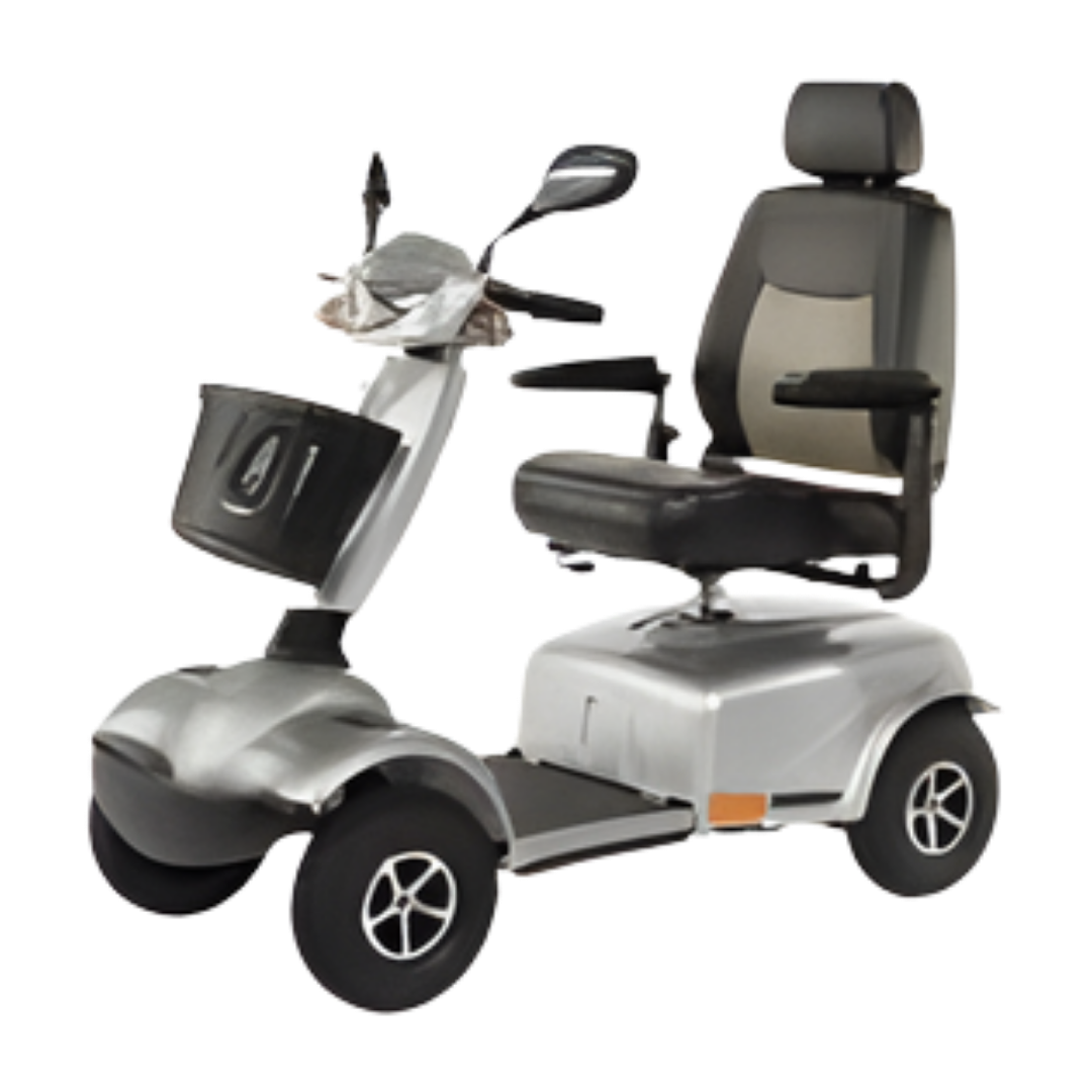 Peak Care Pioneer 10 mobility scooter in silver, designed for stable outdoor travel with comfortable seating, smooth controls, and durable construction for daily use.