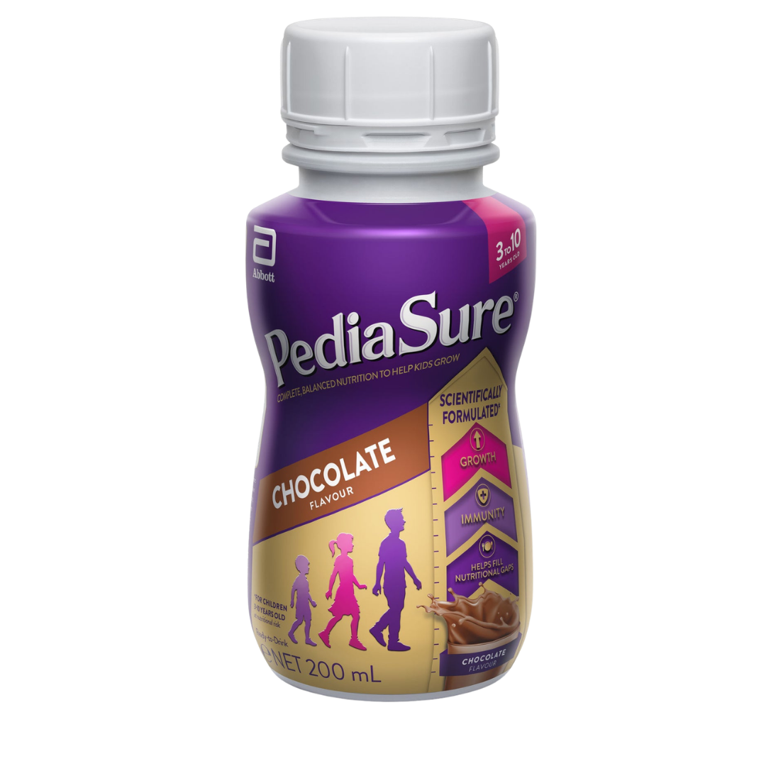 PediaSure Chocolate 200 mL bottle for children aged 3–10, providing complete balanced nutrition to support healthy growth, immunity, and daily energy needs.