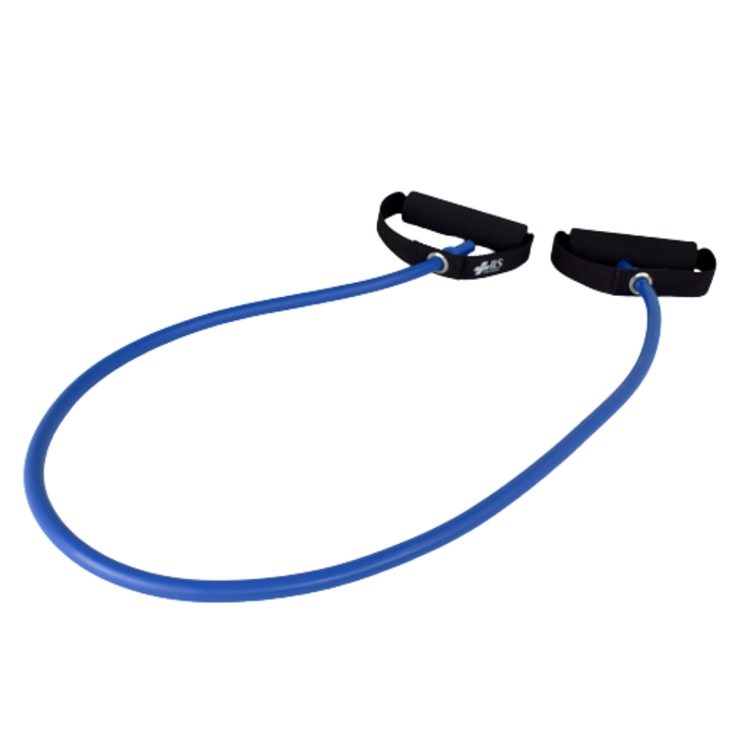 Physio/exercise/rehab medium-resistance Exertube exercise tube in blue, designed for strength and resistance exercises.
