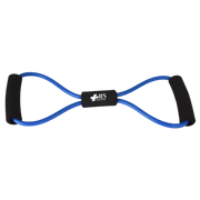 Physio/exercise/rehab figure-8 exercise tube, firm resistance, in blue.