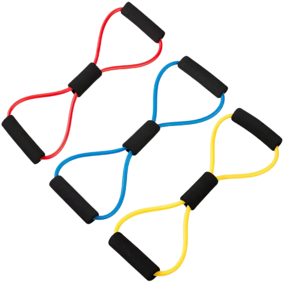 Physio/exercise/rehab figure-8 exercise tube, firm resistance, in blue.