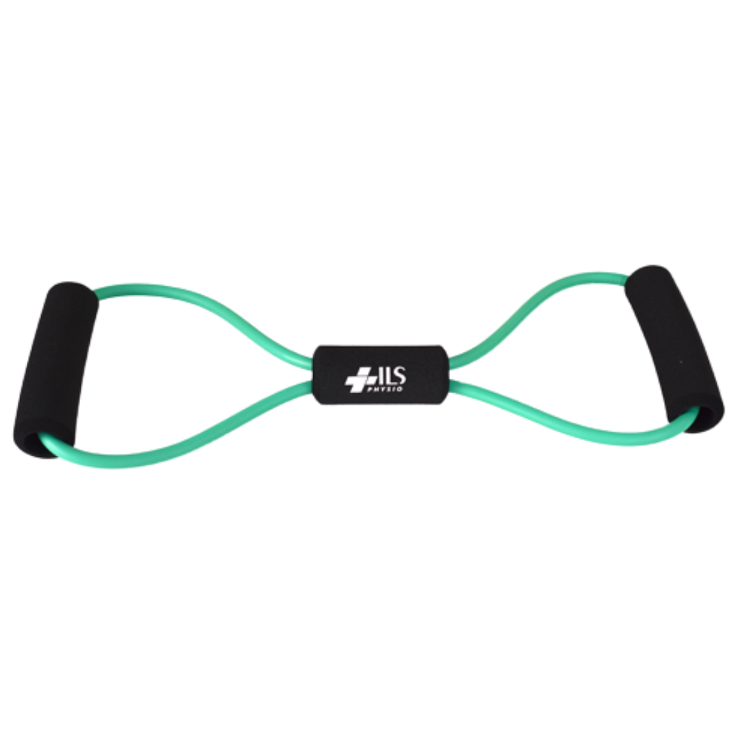 Physio/exercise/rehab figure-8 exercise tube, light resistance, in green.