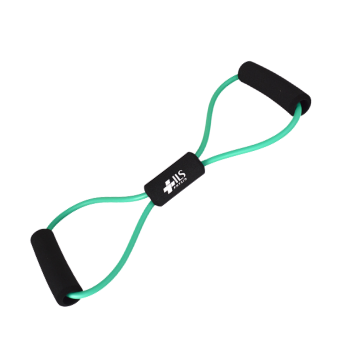 Physio/exercise/rehab figure-8 exercise tube, light resistance, in green.