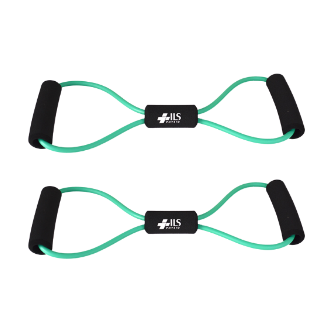 Physio/exercise/rehab figure-8 exercise tube, light resistance, in green.