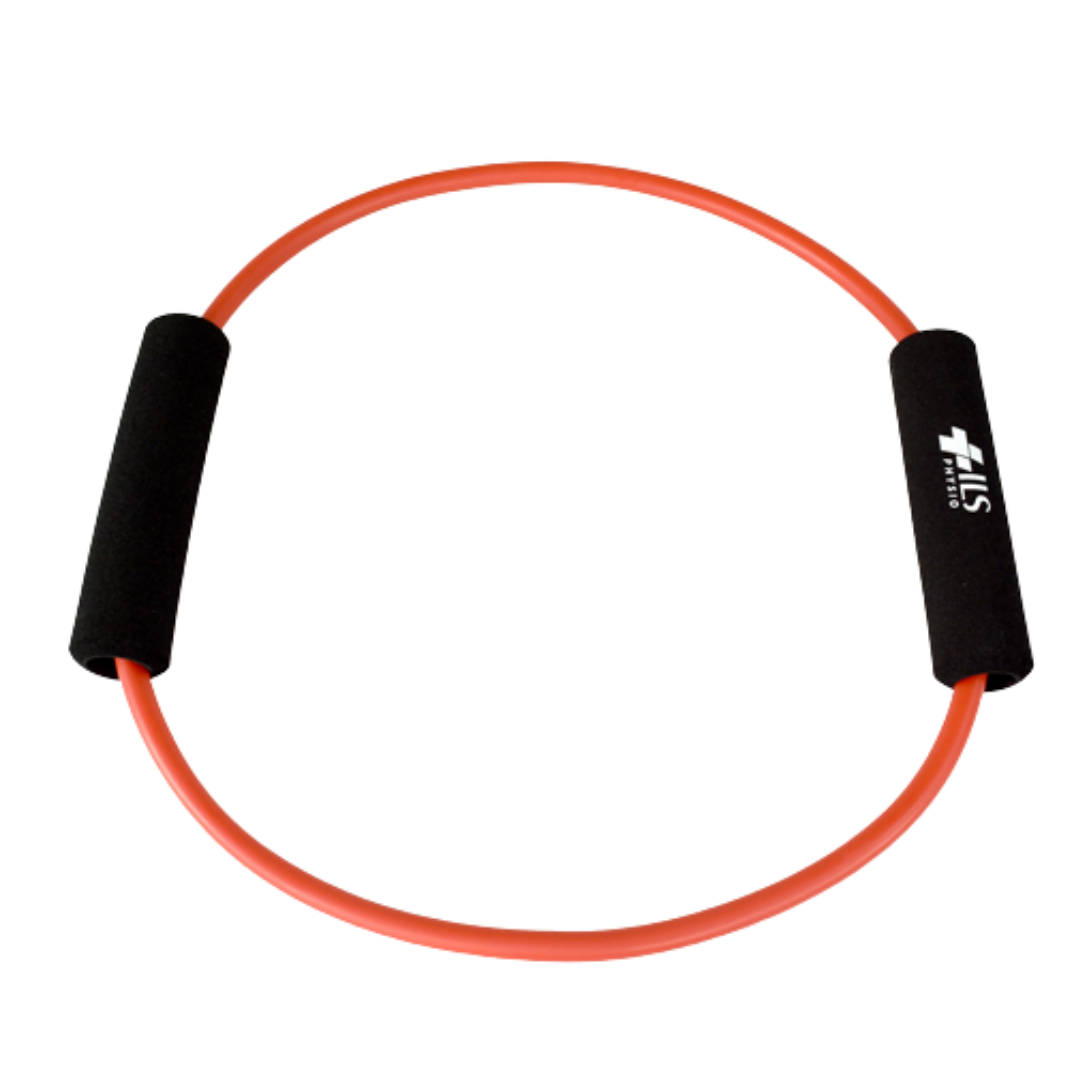 Physio/exercise/rehab O-ring exercise tube, medium resistance, in red.