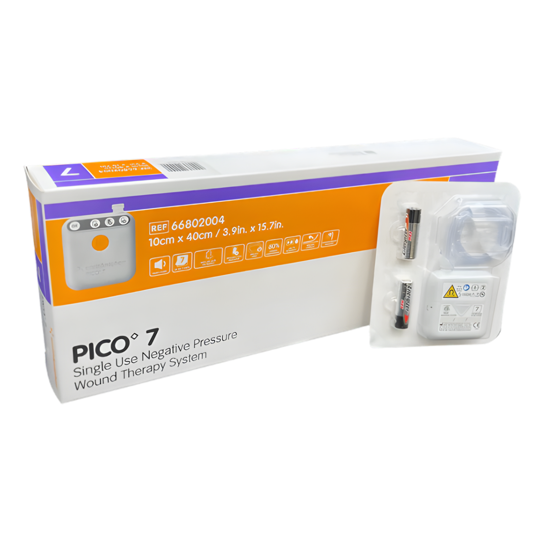 PICO 7 Negative Pressure Wound Therapy system with multiple dressing sizes shown as a portable NPWT solution for effective wound healing and exudate management.