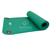 Green 10mm Pilates & Yoga Exercise Mat, half-rolled to showcase its thick cushioning, non-slip textured surface, and portable design for enhanced comfort and stability during workouts