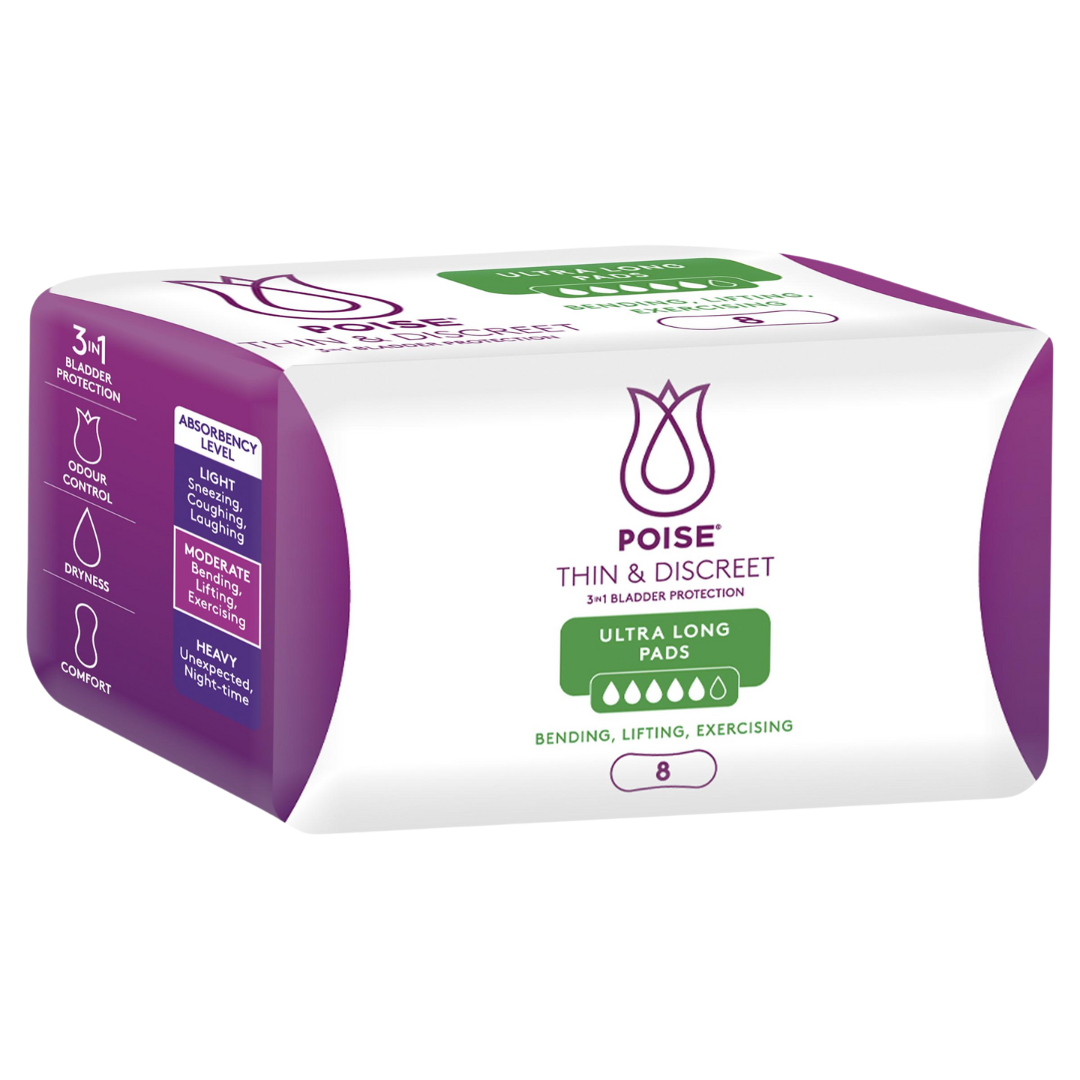 Poise Thin & Discreet Ultra Long Pads pack – ultra-absorbent bladder leakage protection with slim fit and odour control.