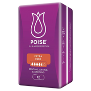 A pack of Poise Extra Pads with a purple and white color scheme, featuring product information and branding.