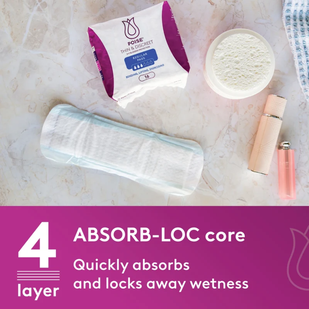 Poise Thin & Discreet Regular Pads with standard length and moderate absorbency, designed for discreet daytime bladder leakage protection.