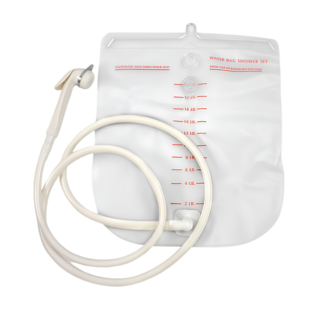 Portable shower bag with attached shower head, lightweight design, easy to fill and hang, ideal for outdoor use, camping, and accessible personal hygiene.