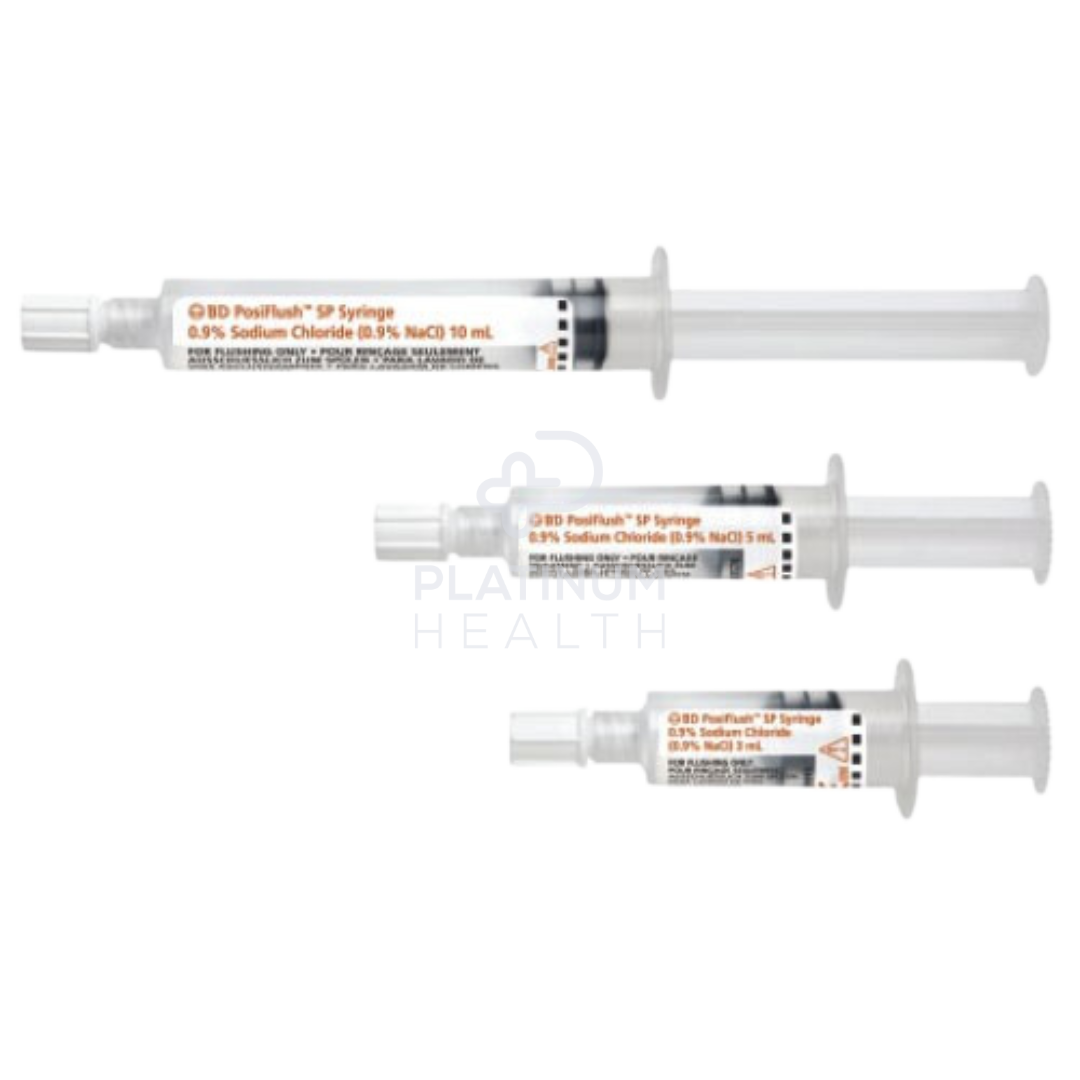 A set of three BD PosiFlush SP prefilled saline syringes in different sizes, with labels indicating their volumes.