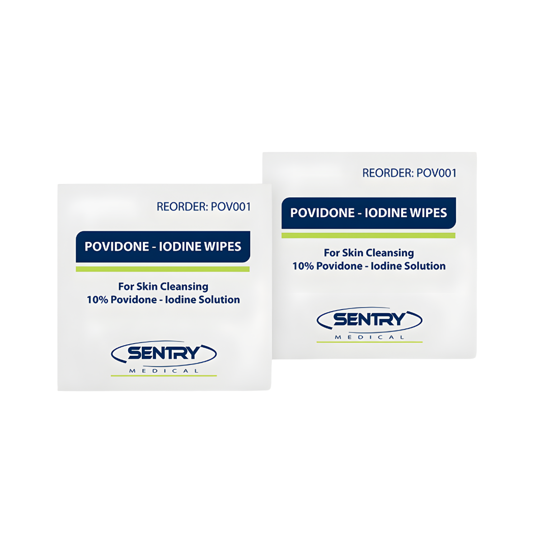 Box of Povidone Iodine Antiseptic Wipes with individually wrapped sachets, designed for pre-procedure skin cleansing and infection control in clinical and first aid settings.
