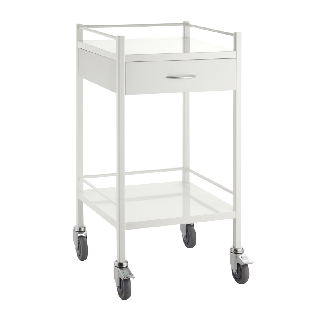 Powder Coated Trolley One Drawer standard variant, durable powder-coated finish with single drawer for healthcare, aged care, and daily living support.