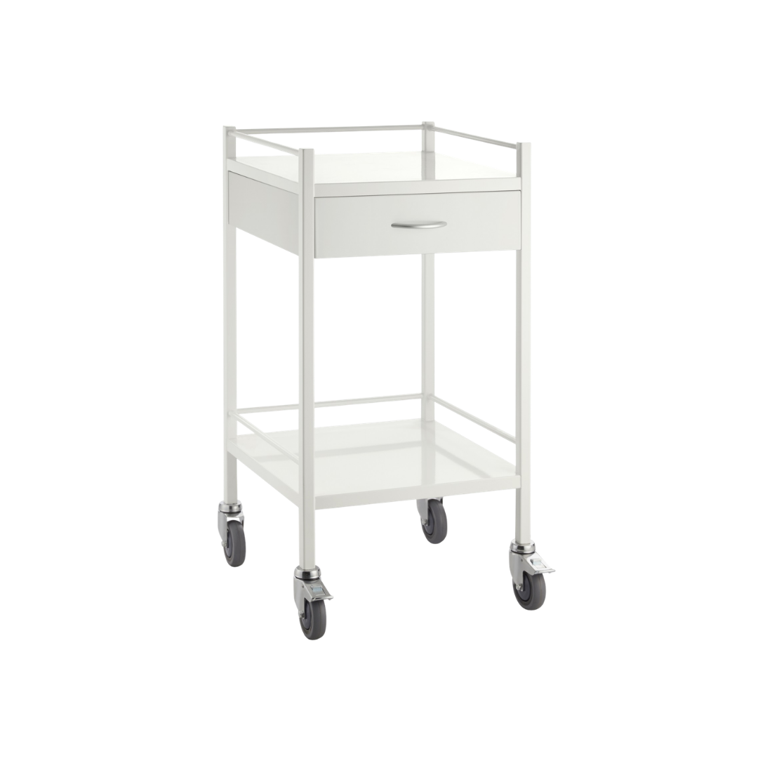 Powder Coated Trolley One Drawer standard variant, durable powder-coated finish with single drawer for healthcare, aged care, and daily living support.