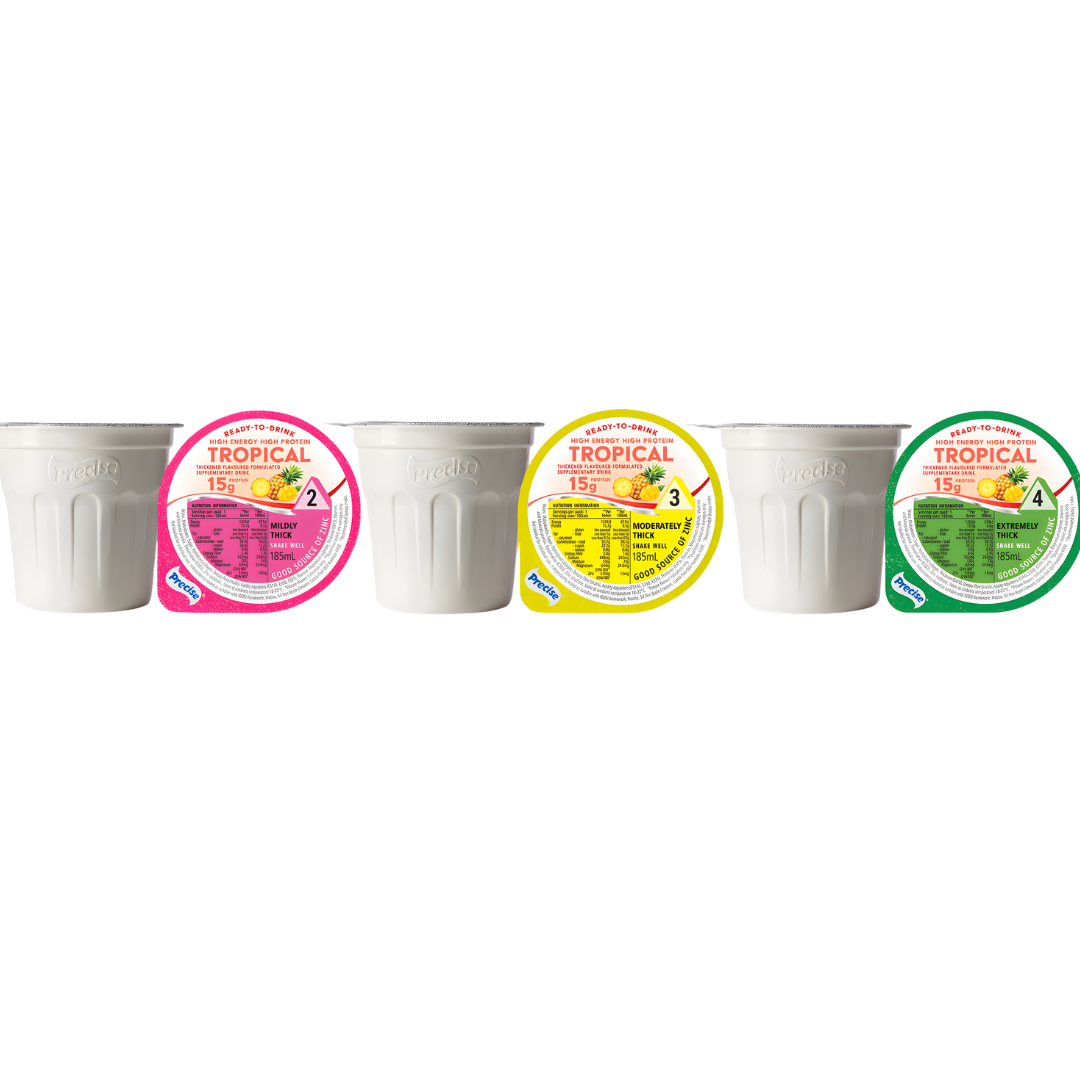 Precise Ready-To-Drink Tropical Creamy Thick 185ml available in Level 2, Level 3, and Level 4, providing safe hydration for individuals with swallowing difficulties.