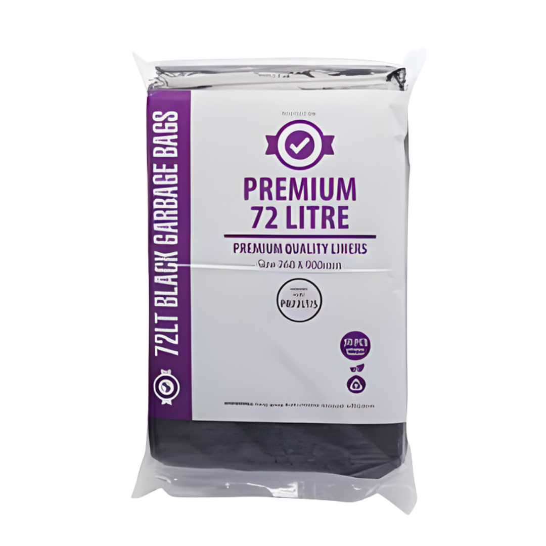 A pack of 72LT black premium bin liners, with the product's details visible on the packaging.