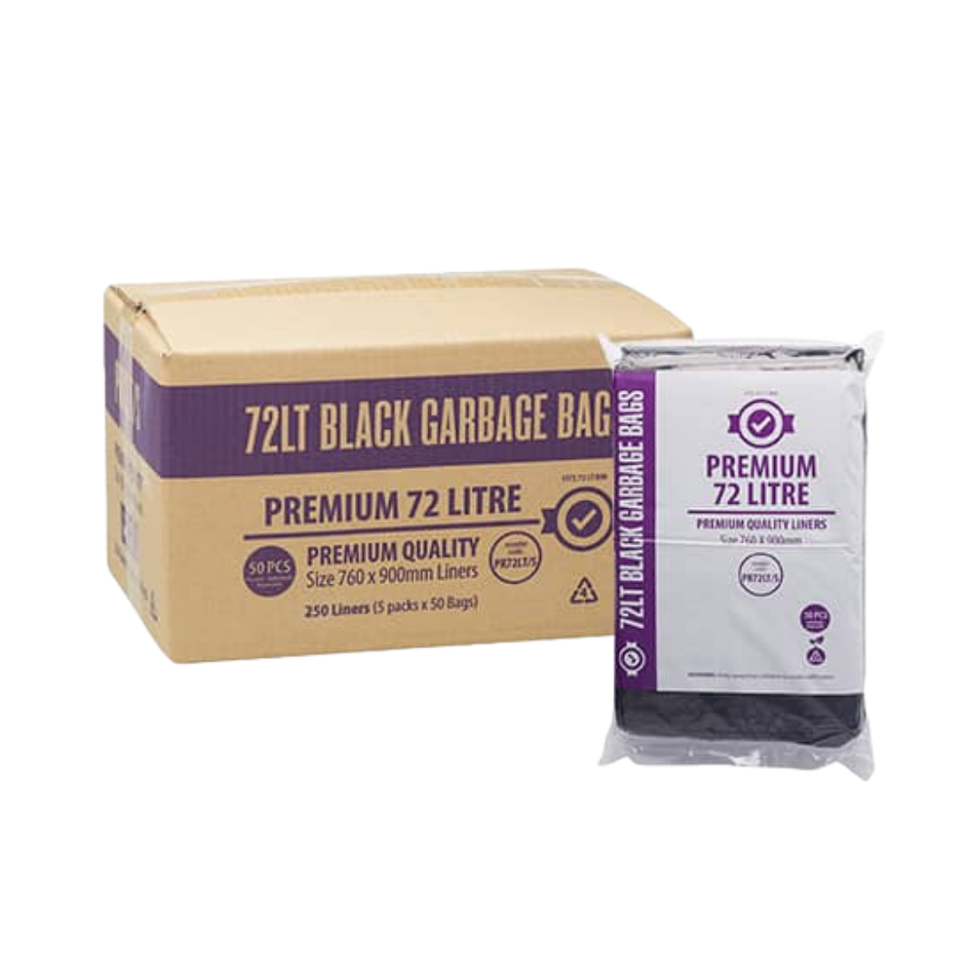 A pack of 72LT black premium bin liners, with the product's details visible on the packaging.