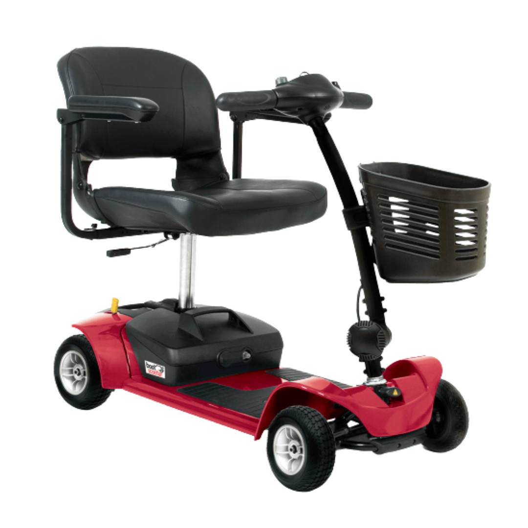 Pride Go-Go Boot 4-Wheel Mobility Scooter with front basket and padded seat, ideal for portable travel and daily use.