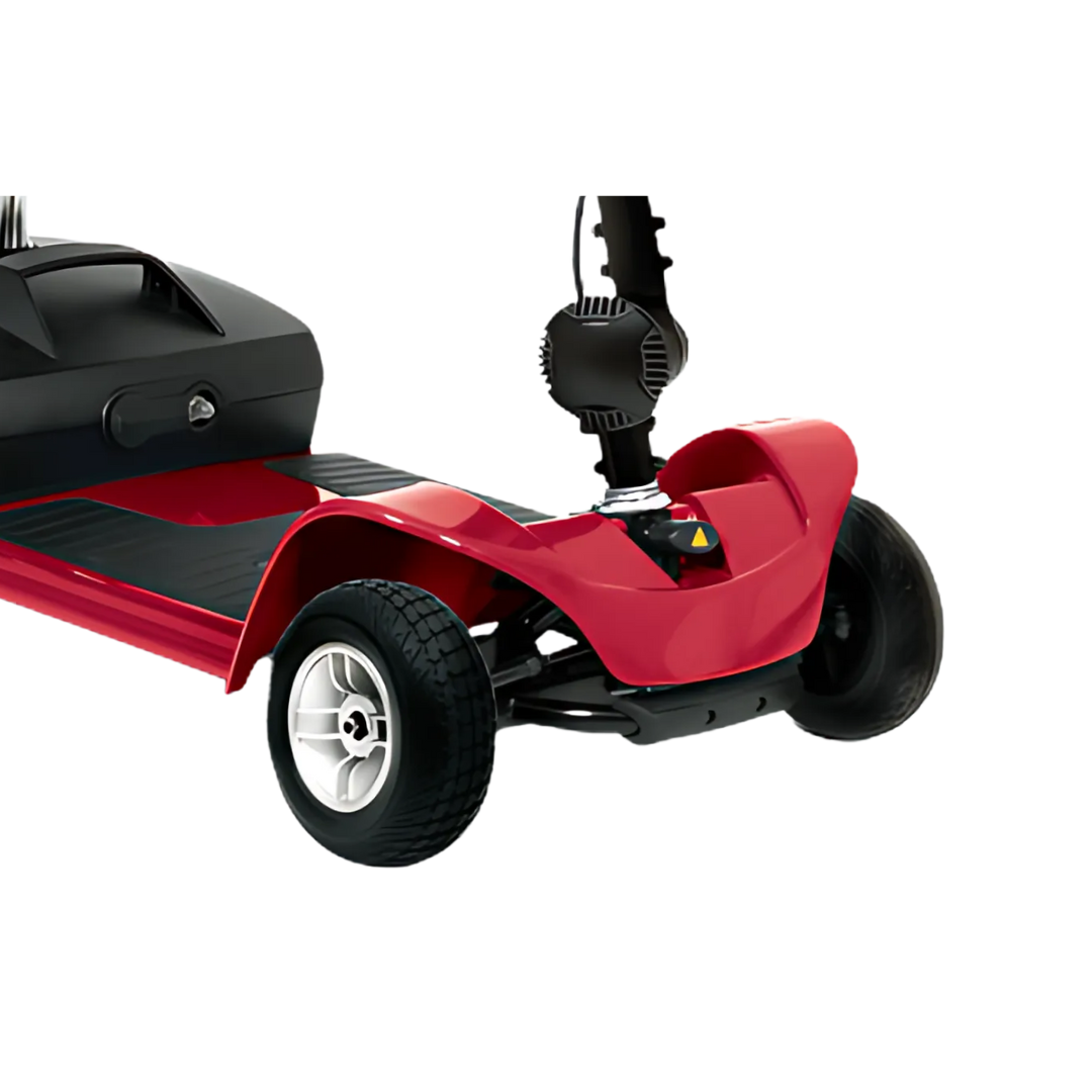 Pride Go-Go Boot 4-Wheel Mobility Scooter with front basket and padded seat, ideal for portable travel and daily use.