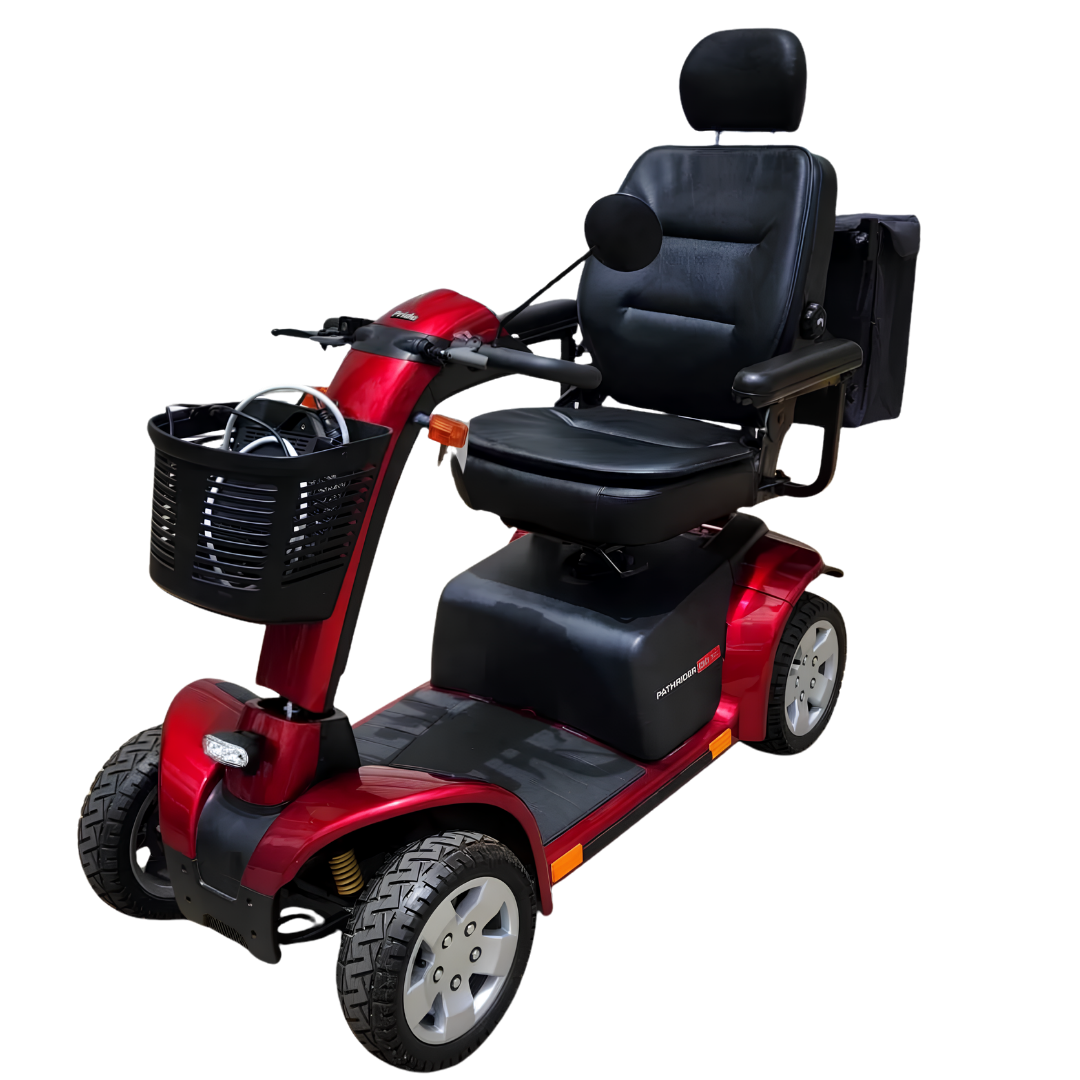 Pride Pathrider 130XL scooter offers rugged outdoor mobility with suspension, 13” tyres, LED lighting, and adjustable swivel seat for comfort and safety.