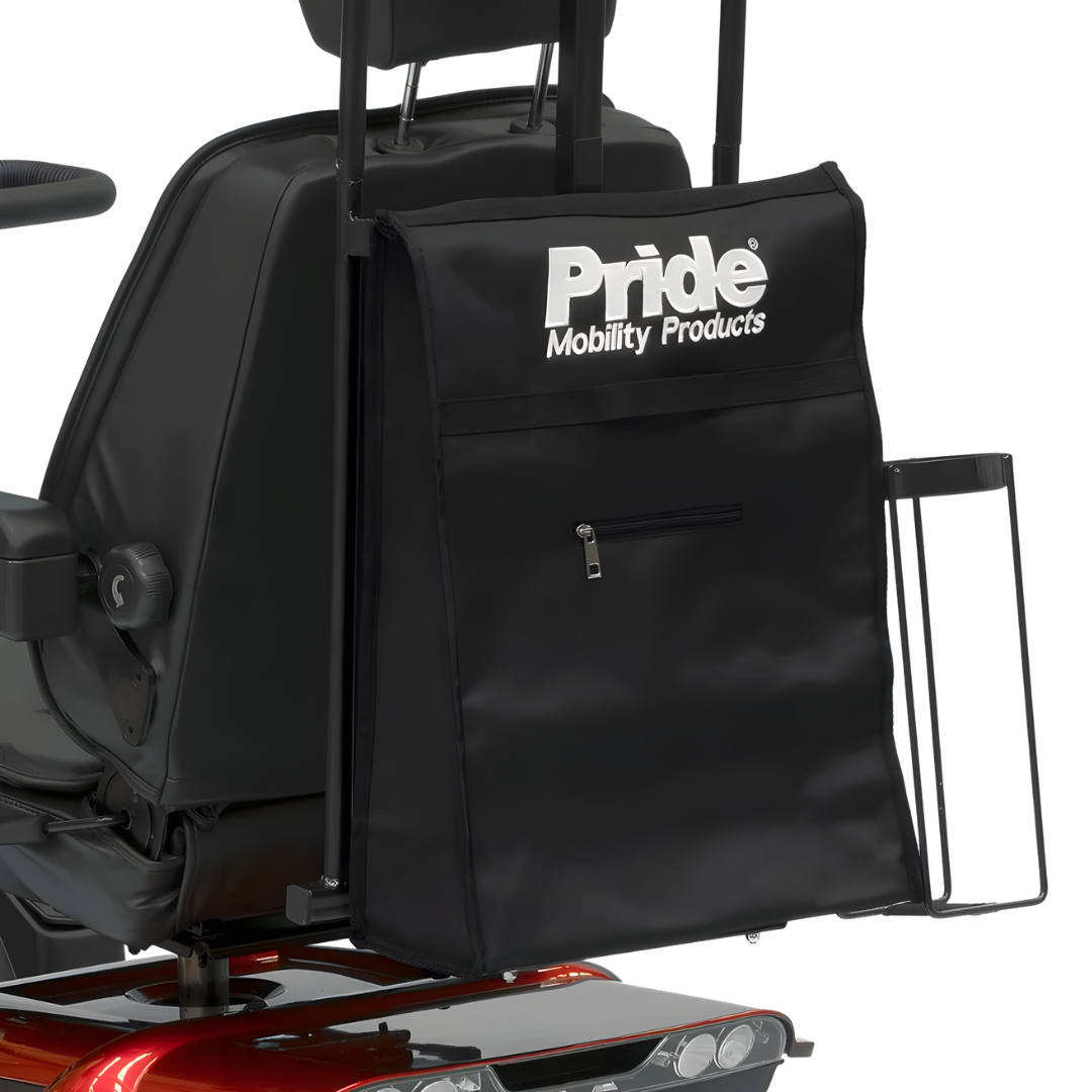 Pride Scooter Rear Bag & Cane Holder Standard provides secure storage and cane support, enhancing convenience and independence for daily mobility scooter use.