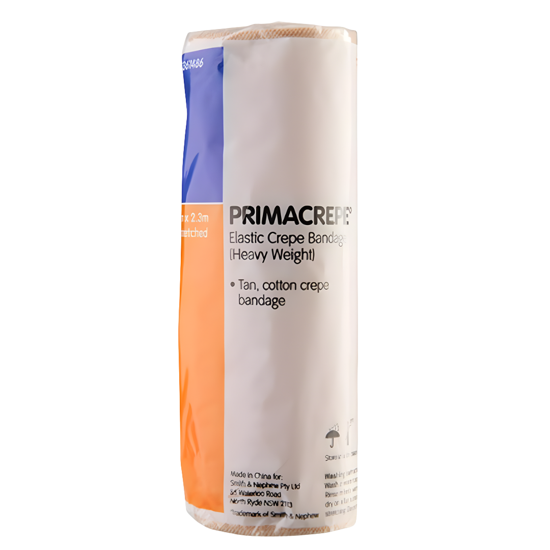 Primacrepe Heavy Weight Crepe Bandage in multiple widths providing firm, durable compression for injuries, swelling, joint support, and secure dressing application.