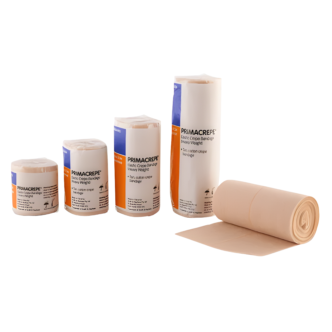 Primacrepe Heavy Weight Crepe Bandage in multiple widths providing firm, durable compression for injuries, swelling, joint support, and secure dressing application.