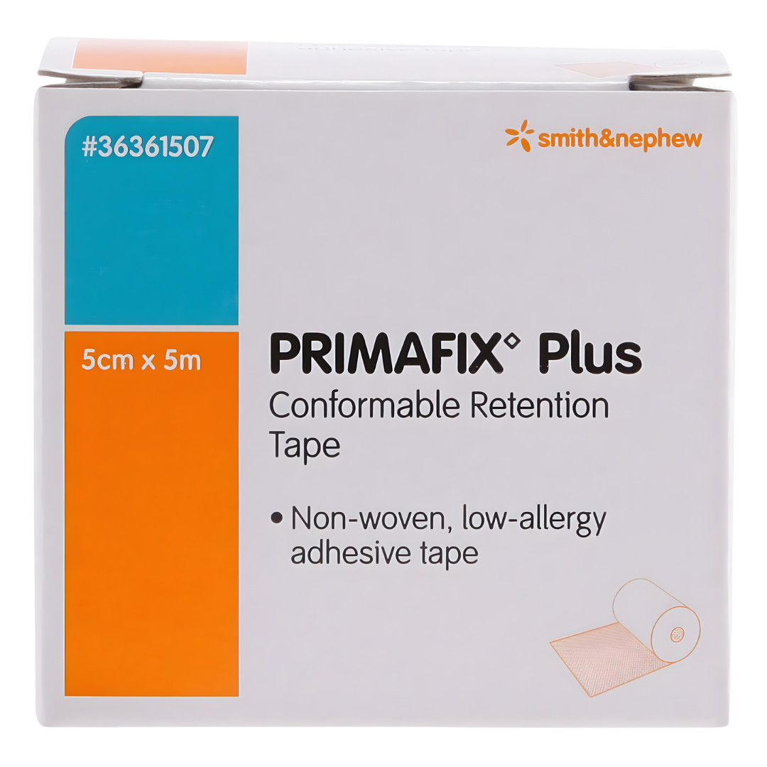 Primafix Plus Conformable Retention Tape (5 cm x 5 m) is a flexible, skin-friendly fixation tape designed to securely hold dressings and medical devices in place. The soft, stretchable fabric conforms easily to body contours, allowing comfortable movement while maintaining reliable adhesion. Suitable for long-term use on sensitive skin.
