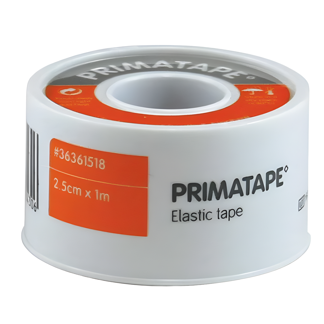 Primatape Elastic Tape, 2.5cm width, available in 1m and 2.5m lengths, designed for secure flexible fixation.