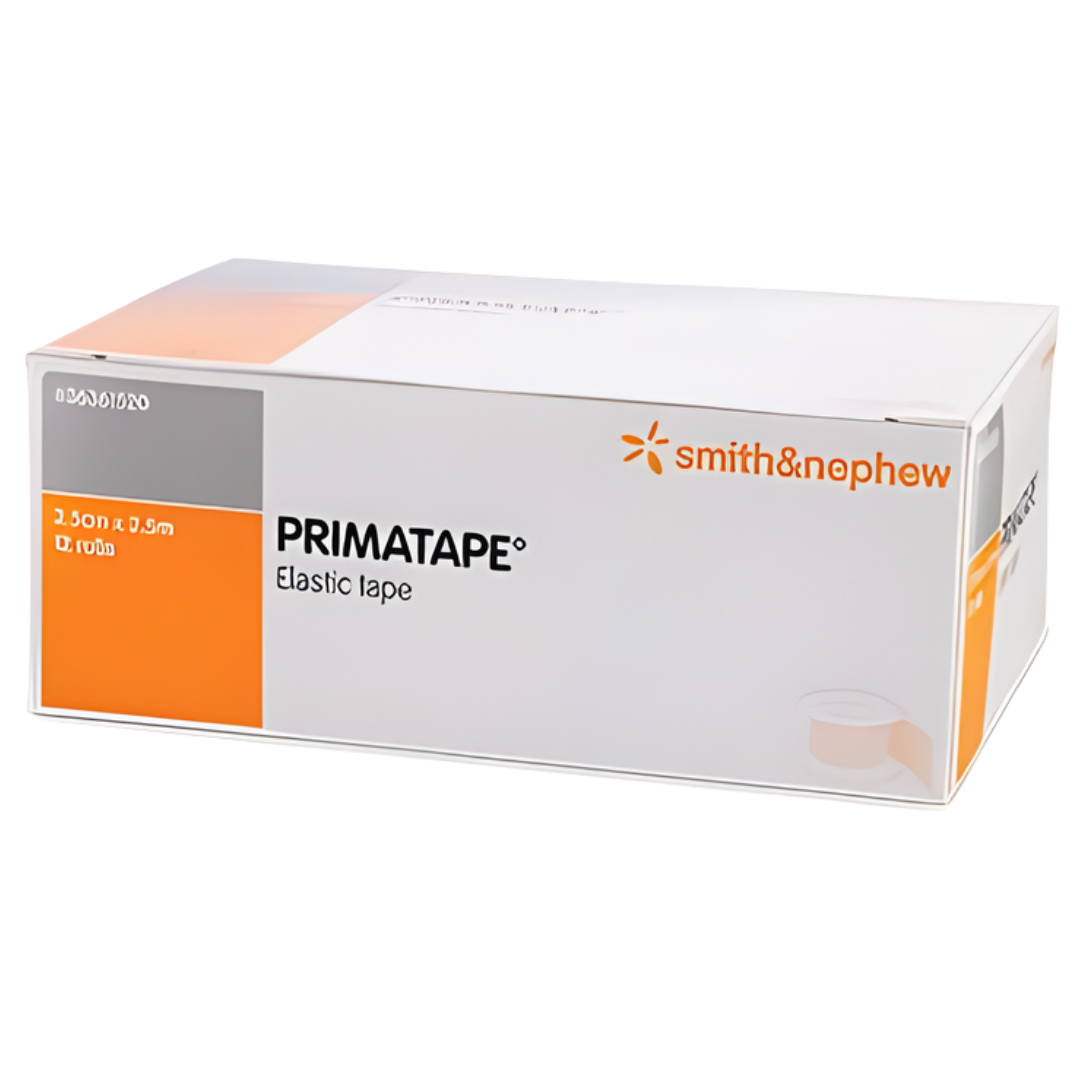 Primatape Elastic Tape, 2.5cm width, available in 1m and 2.5m lengths, designed for secure flexible fixation.