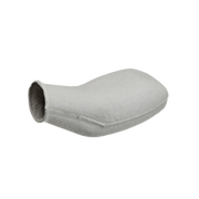 Single-use disposable 875mL bulbous pulp male urinal bottle made of light gray molded paper pulp, positioned horizontally against a transparent background.