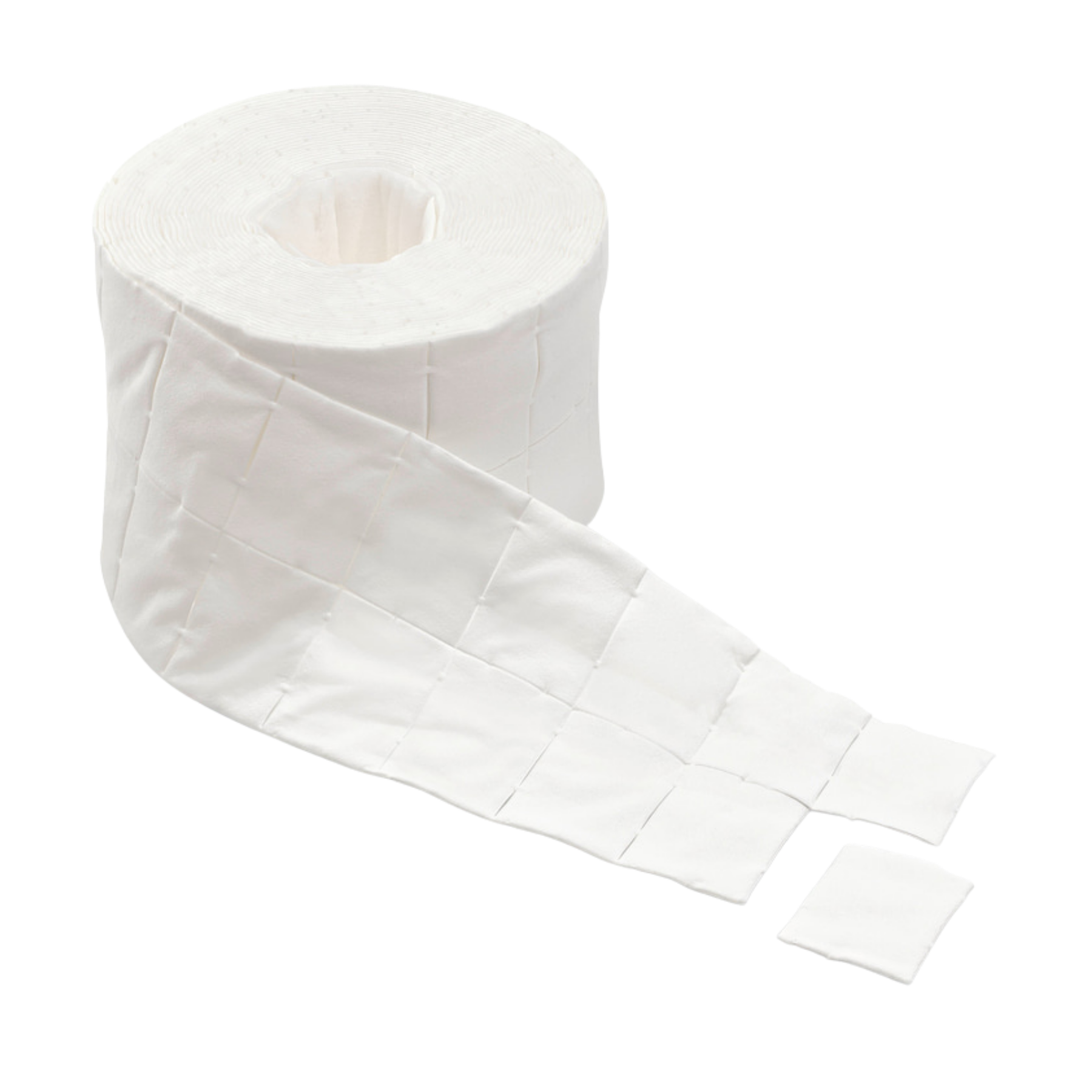 A roll of white wound dressing gauze with a grid pattern, shown with a strip of square gauze pieces unrolled and a single square piece in front, on a solid white background.