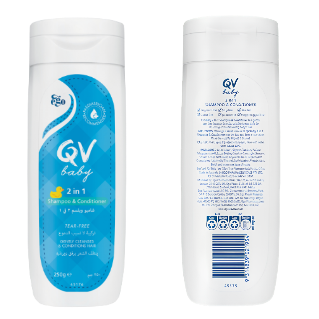 QV Baby 2‑in‑1 Shampoo and Conditioner 250g, gentle tear‑free formula cleanses and conditions delicate hair, safe for sensitive baby skin.