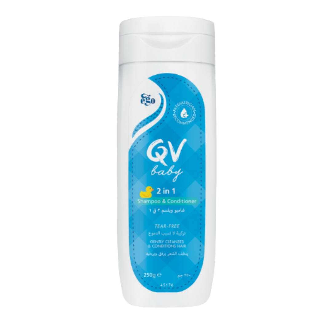 QV Baby 2‑in‑1 Shampoo and Conditioner 250g, gentle tear‑free formula cleanses and conditions delicate hair, safe for sensitive baby skin.
