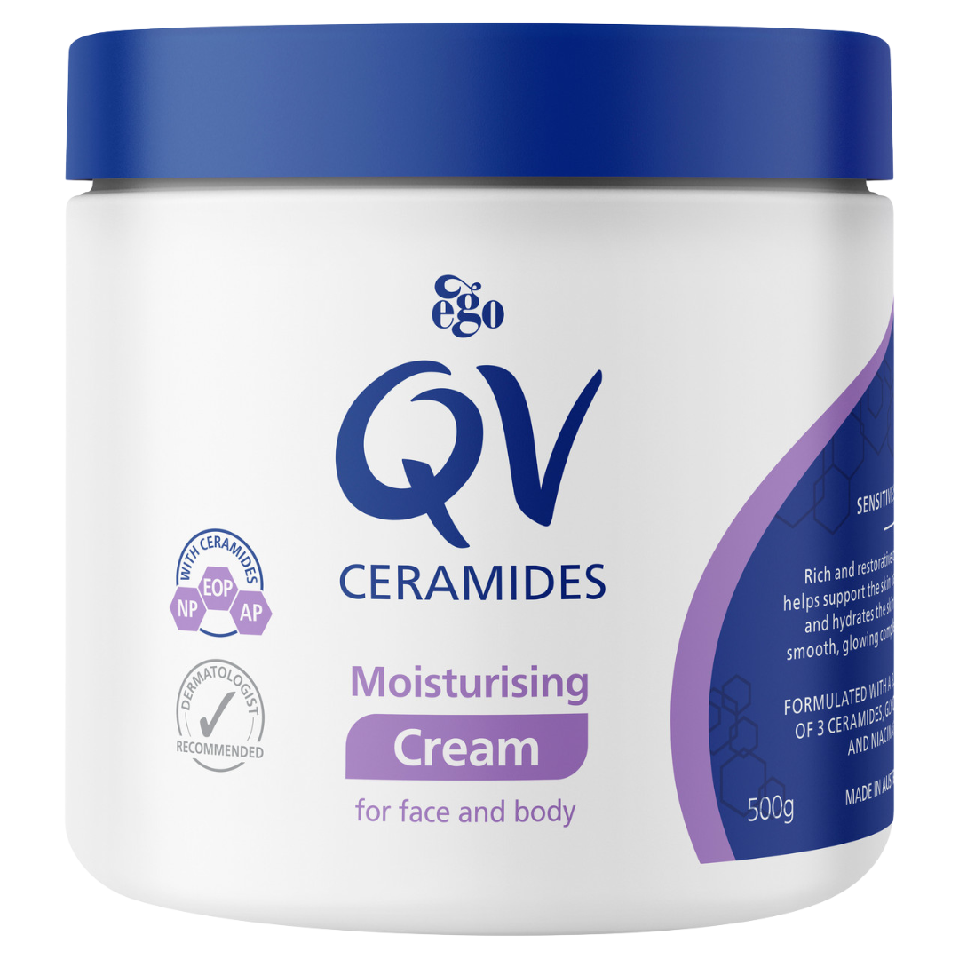 Jar of Ego QV Ceramides Moisturising Cream on a white background